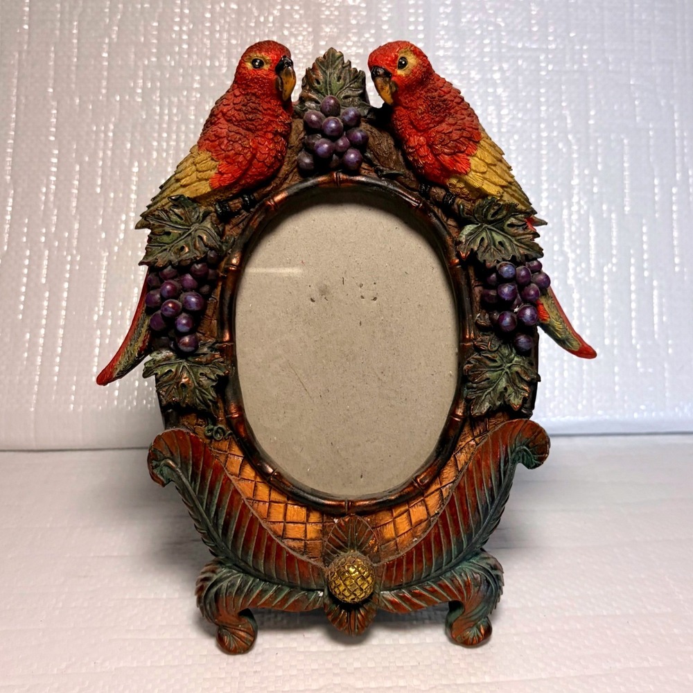 Tropical Parrot and Grapevine Resin Picture Frame Oval 3x5 Tabletop Decor